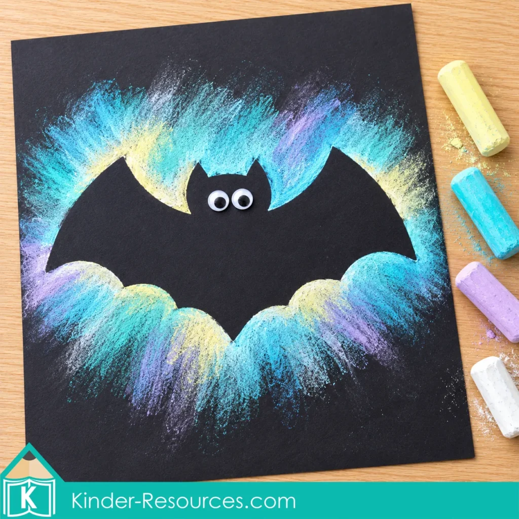 Black bat silhouette with googly eyes surrounded by blue, yellow and purple chalk on black paper.