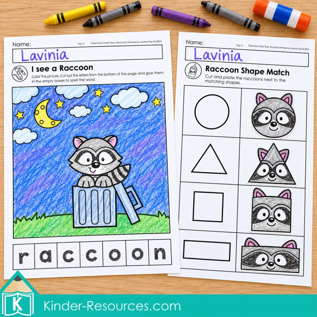 Completed raccoon coloring and word-building page beside a worksheet matching raccoon faces to four shapes.