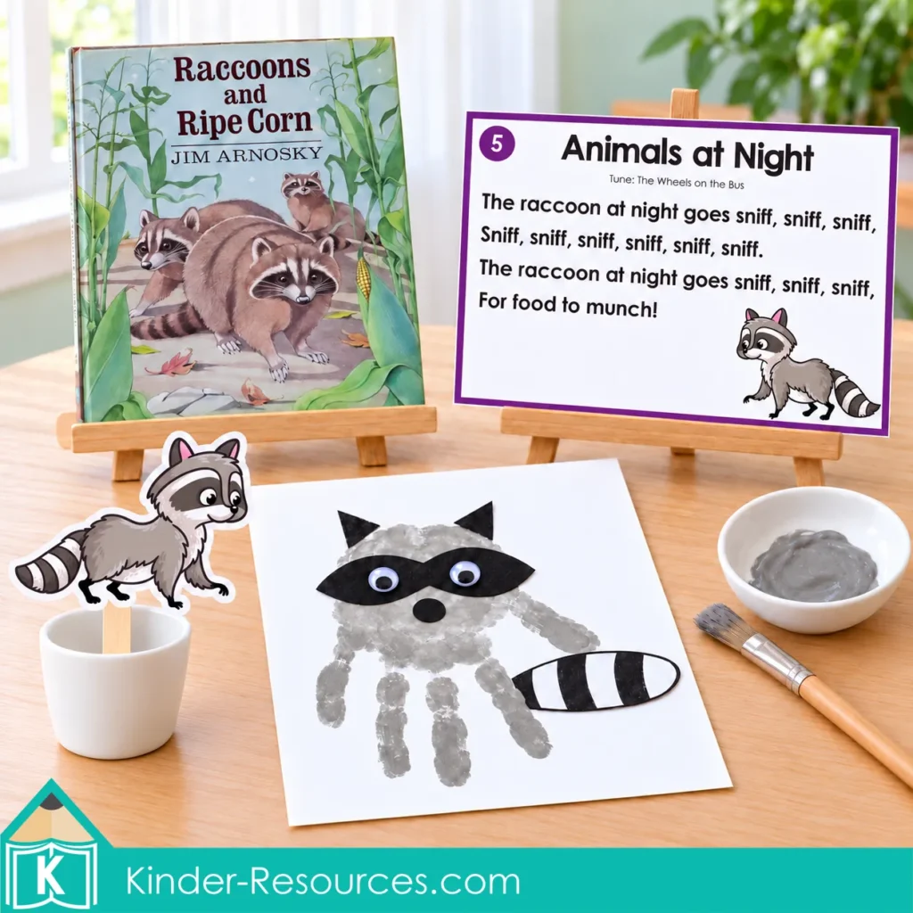 Raccoons and Ripe Corn displayed with a raccoon song card, stick puppet and gray handprint raccoon craft.