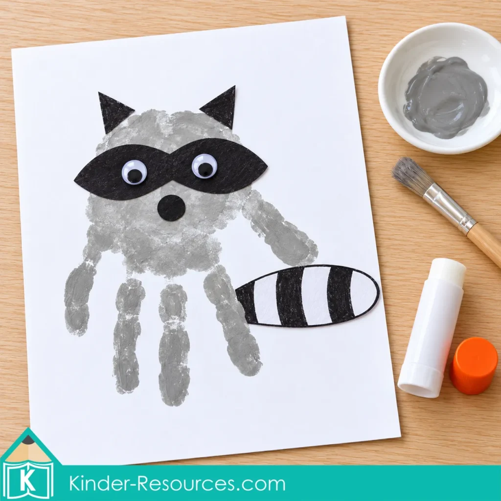 Gray handprint raccoon with paper ears, a black eye mask, googly eyes and a striped tail, beside paint and glue.