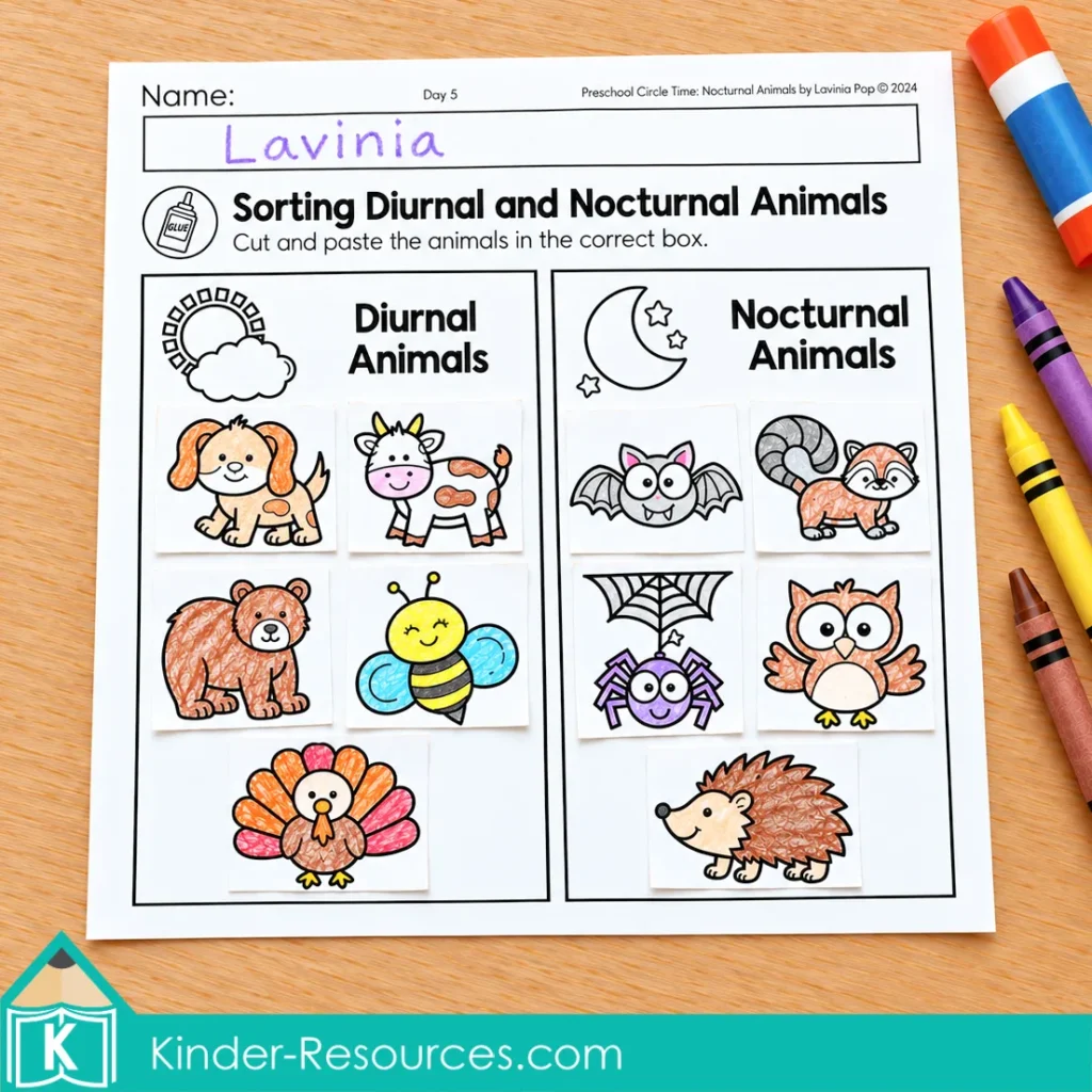 Ten colored animal cut-outs pasted into Diurnal Animals and Nocturnal Animals columns on a sorting worksheet.