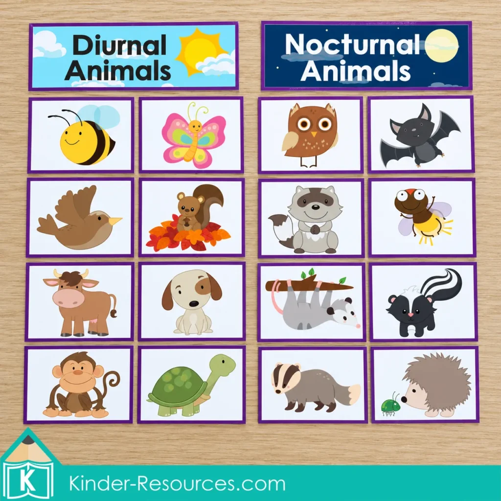 Sixteen animal picture cards sorted beneath Diurnal Animals and Nocturnal Animals headings.
