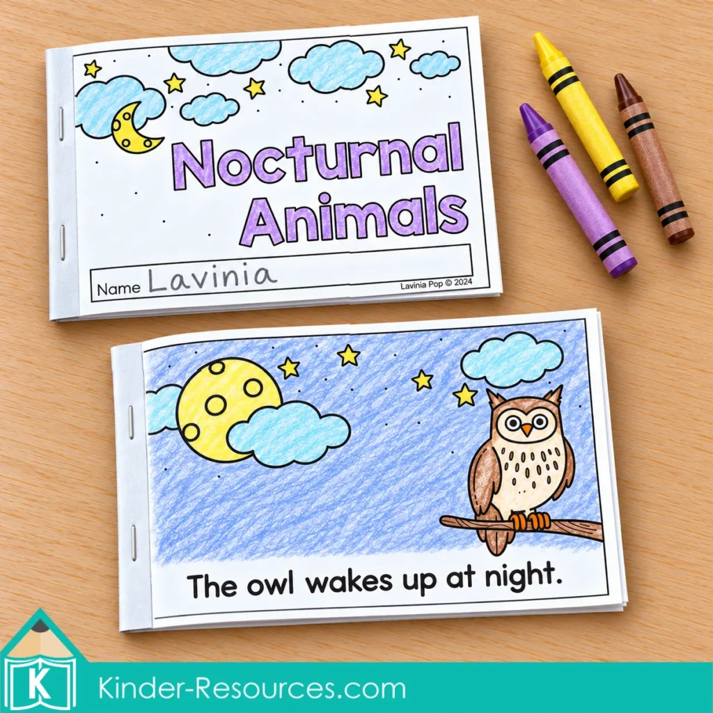 Crayon-colored Nocturnal Animals mini-book cover beside an owl page reading, “The owl wakes up at night.”