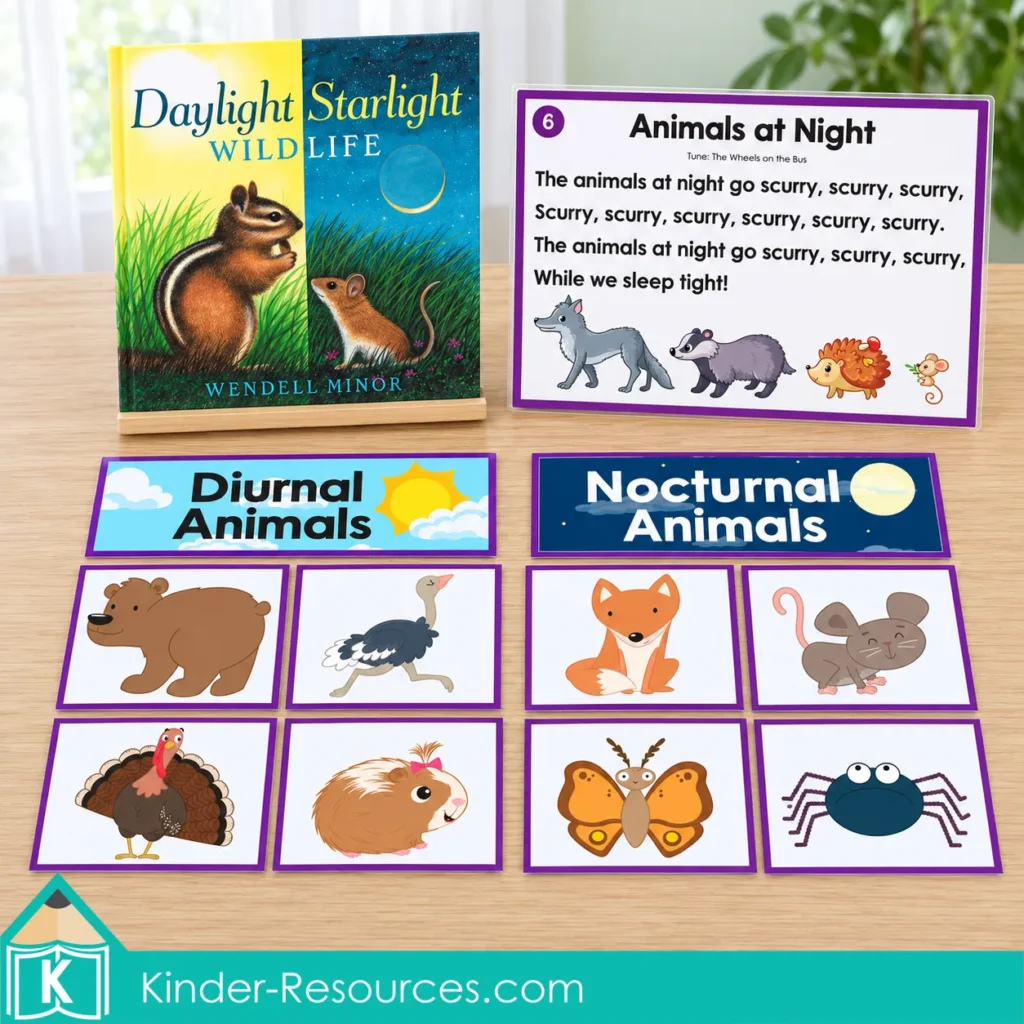 Daylight Starlight Wildlife book and an Animals at Night song card displayed above diurnal and nocturnal animal sorting cards.