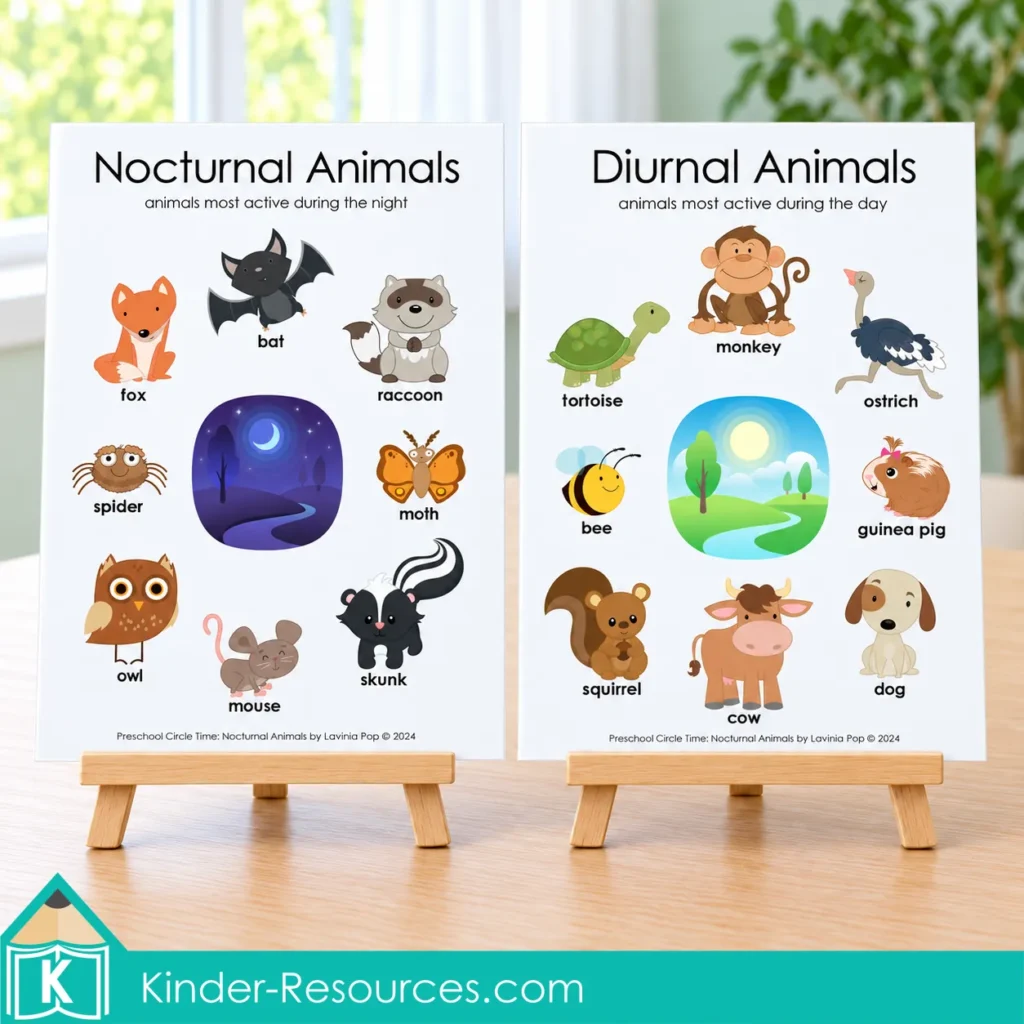Illustrated nocturnal and diurnal animal posters displayed side by side, with labeled animals around night and day scenes.