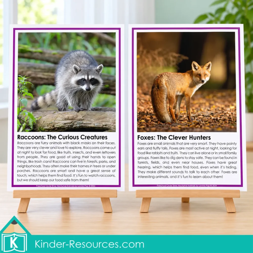 Raccoon and fox fact posters with wildlife photographs and short descriptions, displayed on wooden easels.
