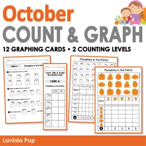 October Count and Graph resource cover with 12 graphing cards, two counting levels, recording sheets, and data analysis worksheets.