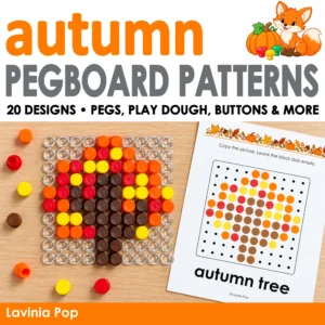 Autumn Pegboard Patterns cover showing a completed tree pegboard beside its printable mat, with 20 designs for pegs, play dough, buttons, and more.