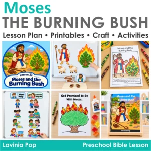 Moses and the Burning Bush preschool Bible lesson collage featuring a storybook, retelling props, tissue paper craft, helping activity, and take-home booklet.