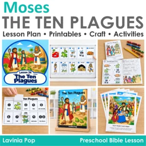 Ten Plagues preschool Bible lesson preview showing the storybook, retelling posters, review cards, flap craft, and take-home booklet.