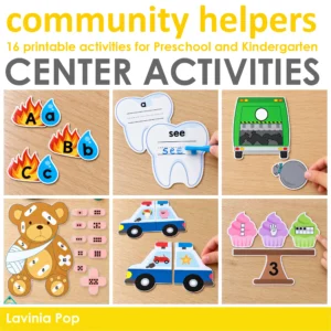Community helpers activity collage featuring firefighter letter matching, tooth sight words, garbage truck shapes, Sick Teddy counting, police car rhymes, and cupcake number sense.