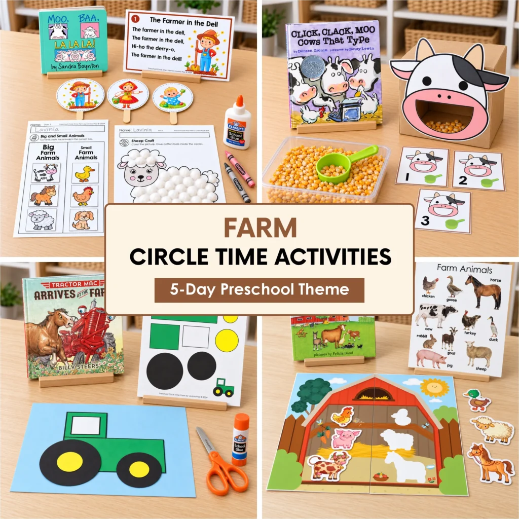 Farm circle time activities for preschool with read-aloud books, stick puppets, a cow feeding game, tractor and sheep crafts, and animal matching printables.
