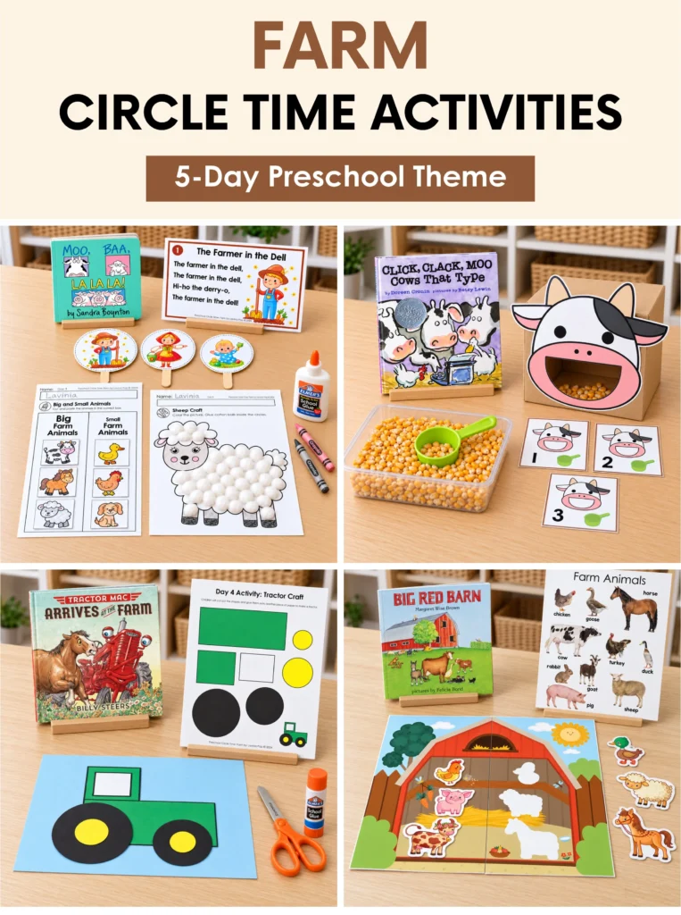 Five-day farm circle time theme featuring storybooks, a cow counting activity with corn, a paper tractor craft, a cotton-ball sheep, and farm animal matching.