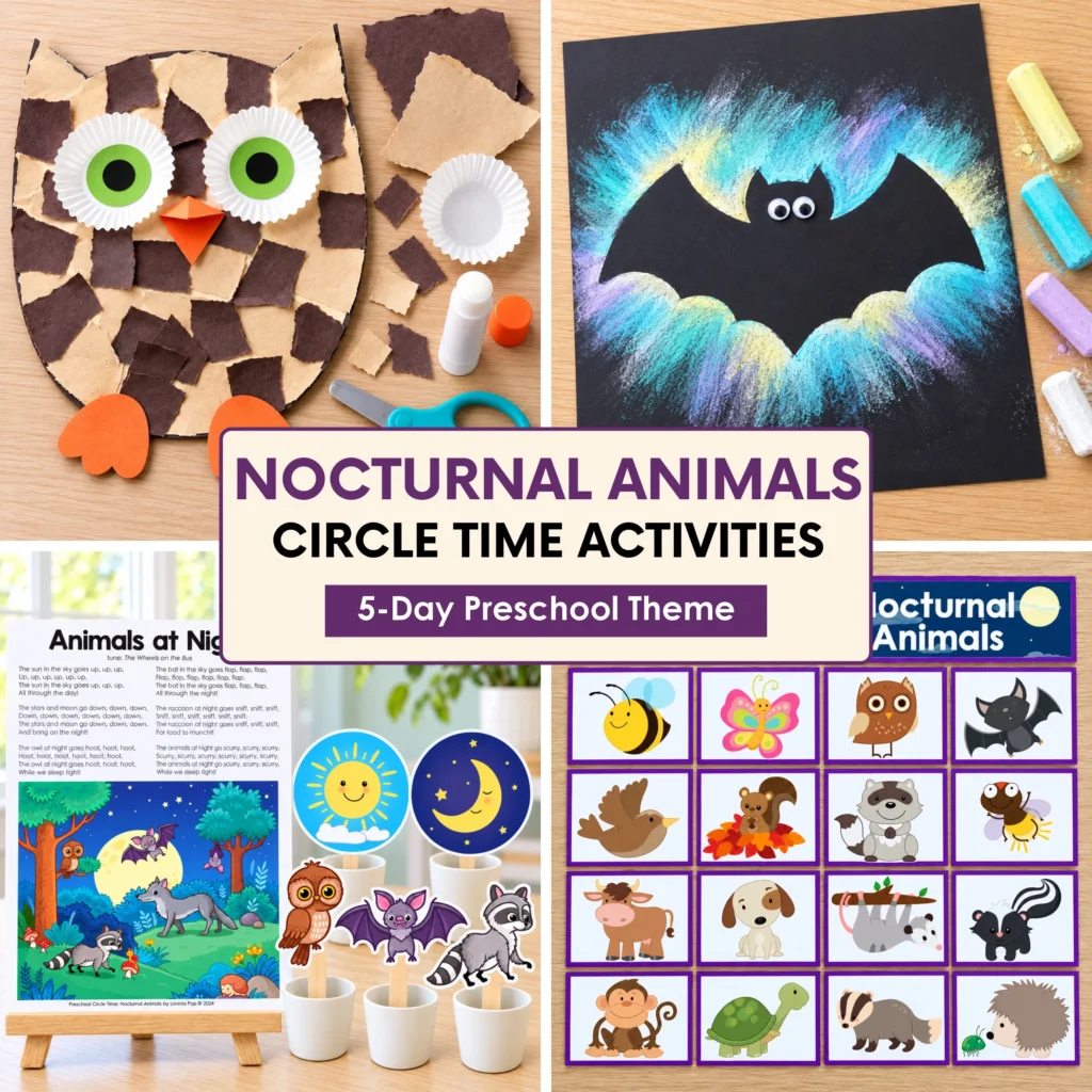 Five-day nocturnal animals preschool theme featuring a torn-paper owl, chalk bat art, song poster, stick puppets and animal sorting cards.