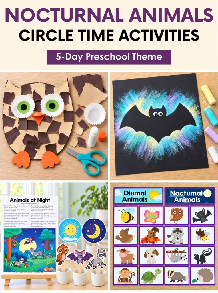Nocturnal animals circle time activities with owl and bat crafts, Animals at Night song puppets, and diurnal and nocturnal animal sorting.