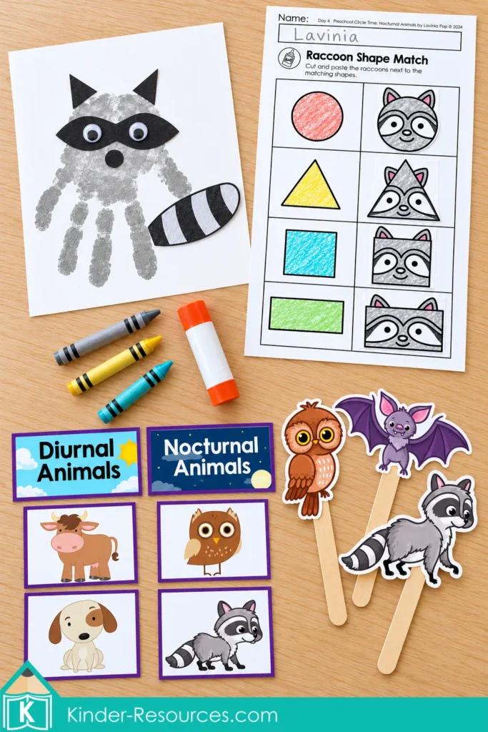 Raccoon handprint craft and shape-matching worksheet with diurnal and nocturnal sorting cards and owl, bat and raccoon stick puppets.