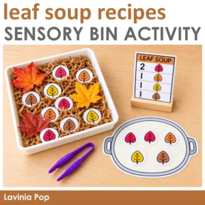Leaf soup sensory bin with colorful leaf pieces, a picture recipe card, and a soup pot mat for preschool counting and color matching.