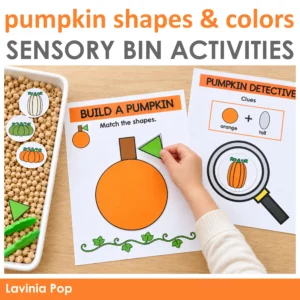 Pumpkin shapes and colors activities with shape-building mats and pumpkin clue cards for preschool sensory bins.