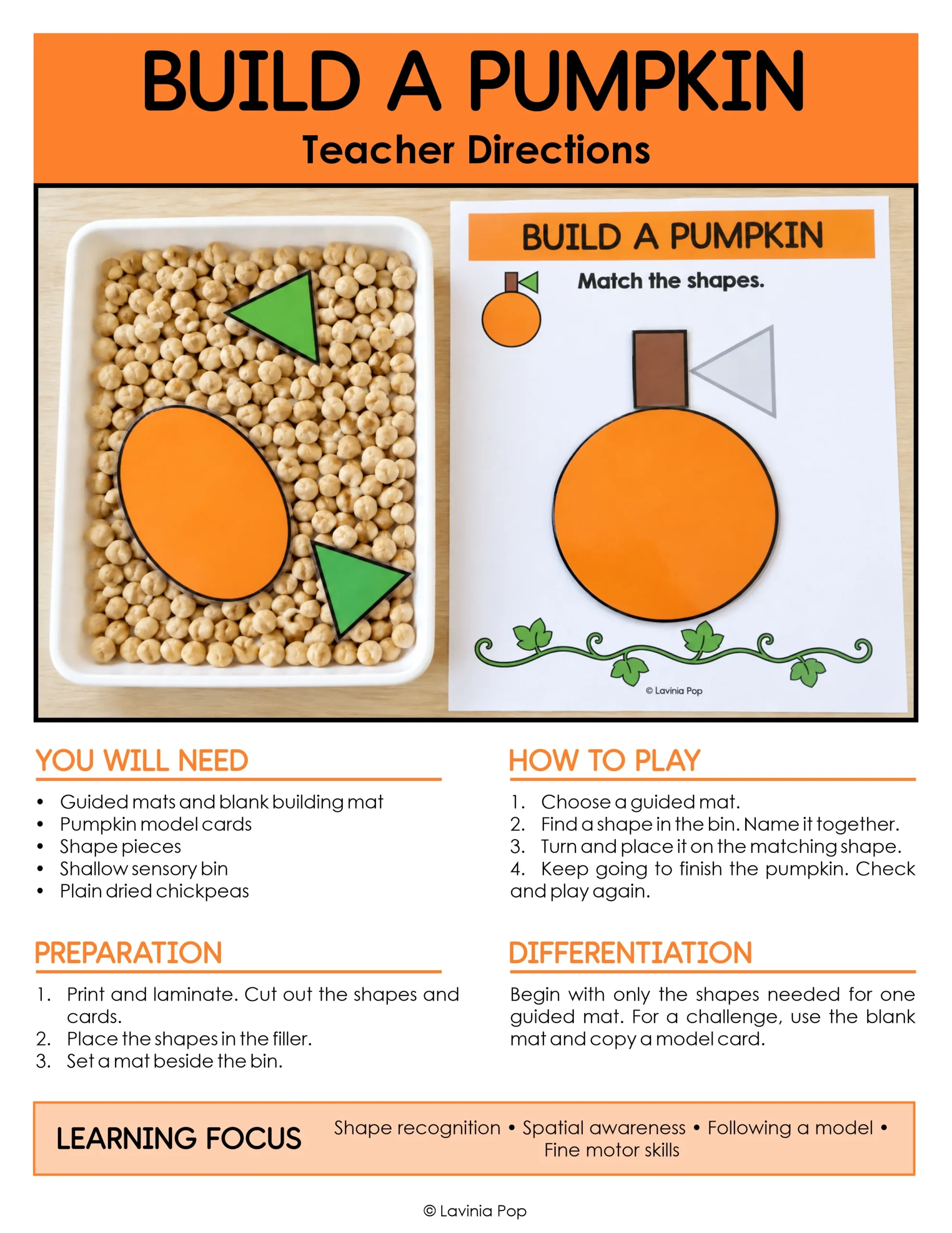 Pumpkin shapes and colors activities teacher guide for building pumpkins with printable shapes and guided mats