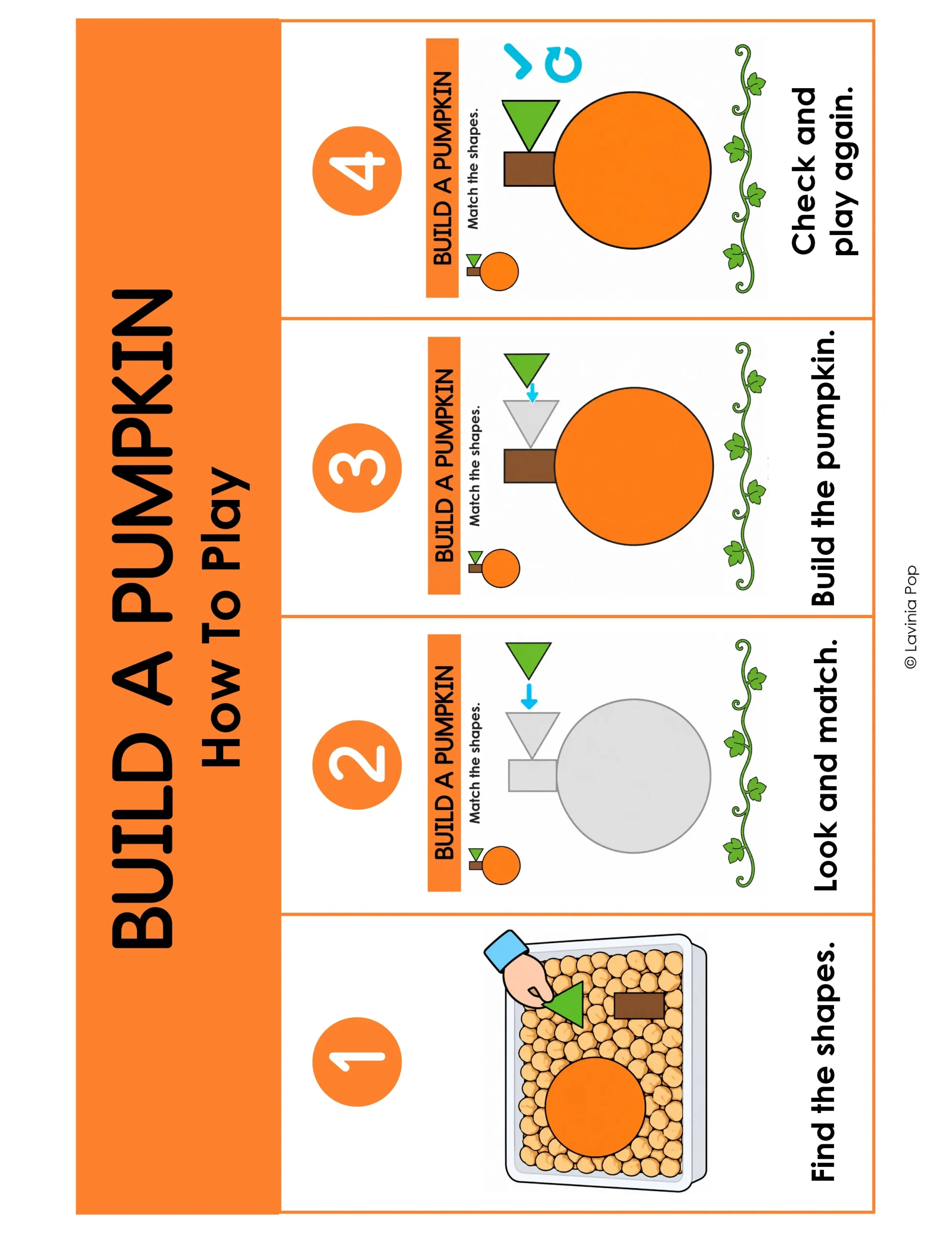 Pumpkin shapes and colors activities with four illustrated steps for finding, matching, and arranging pumpkin shapes.