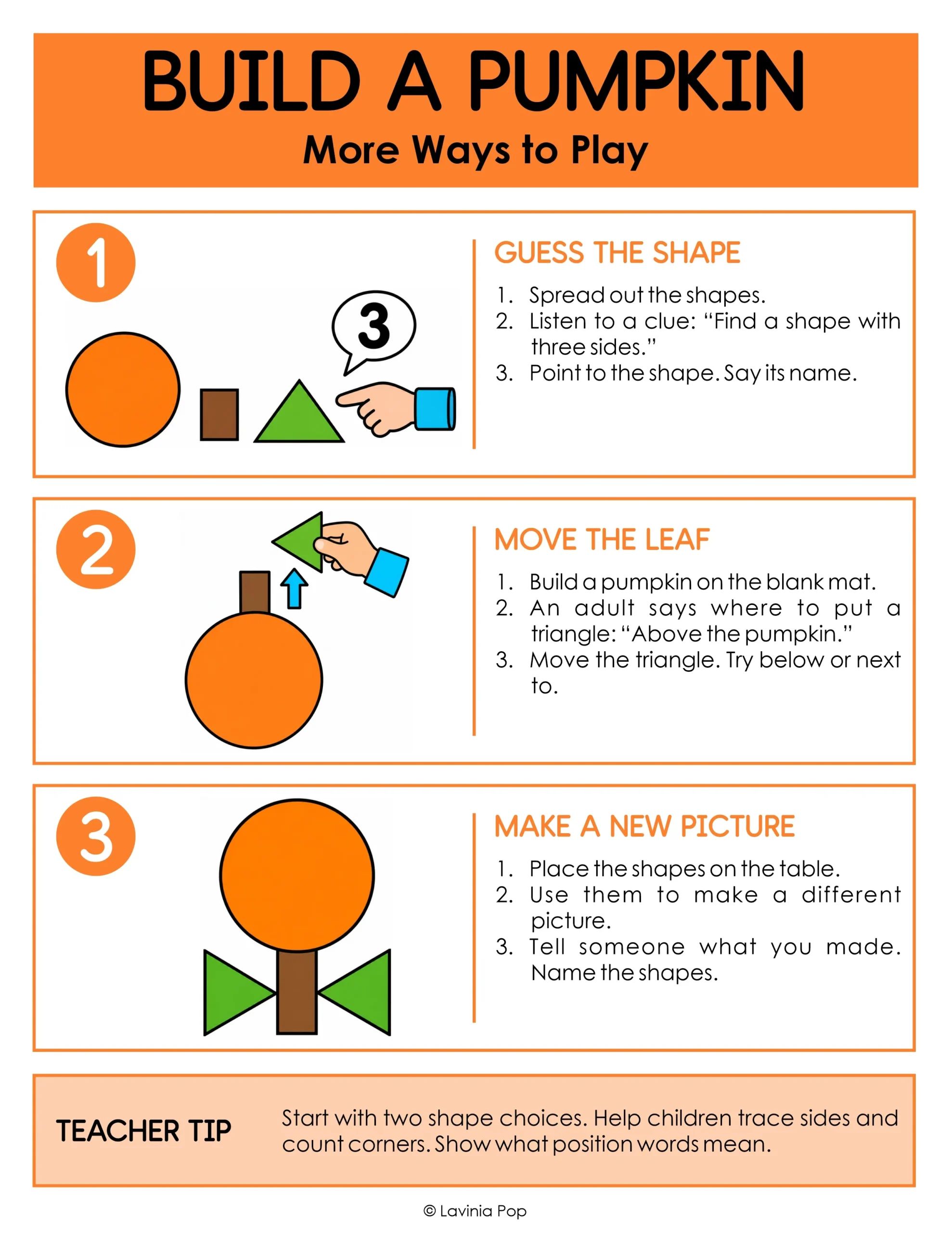 Pumpkin shapes and colors activities for identifying shapes, practicing positional words, and making new pictures.