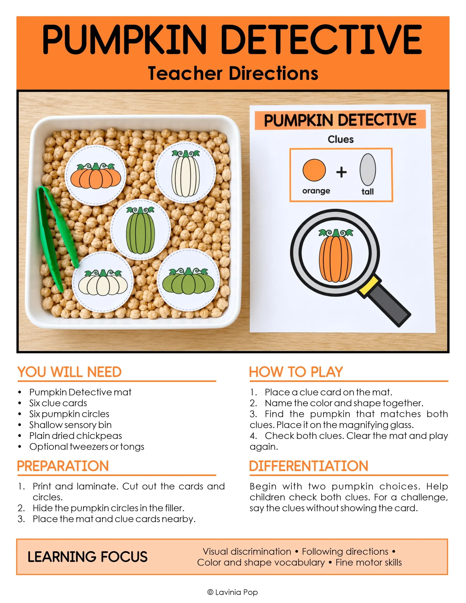 Pumpkin shapes and colors activities teacher directions for matching pumpkin pictures to color and shape clues.
