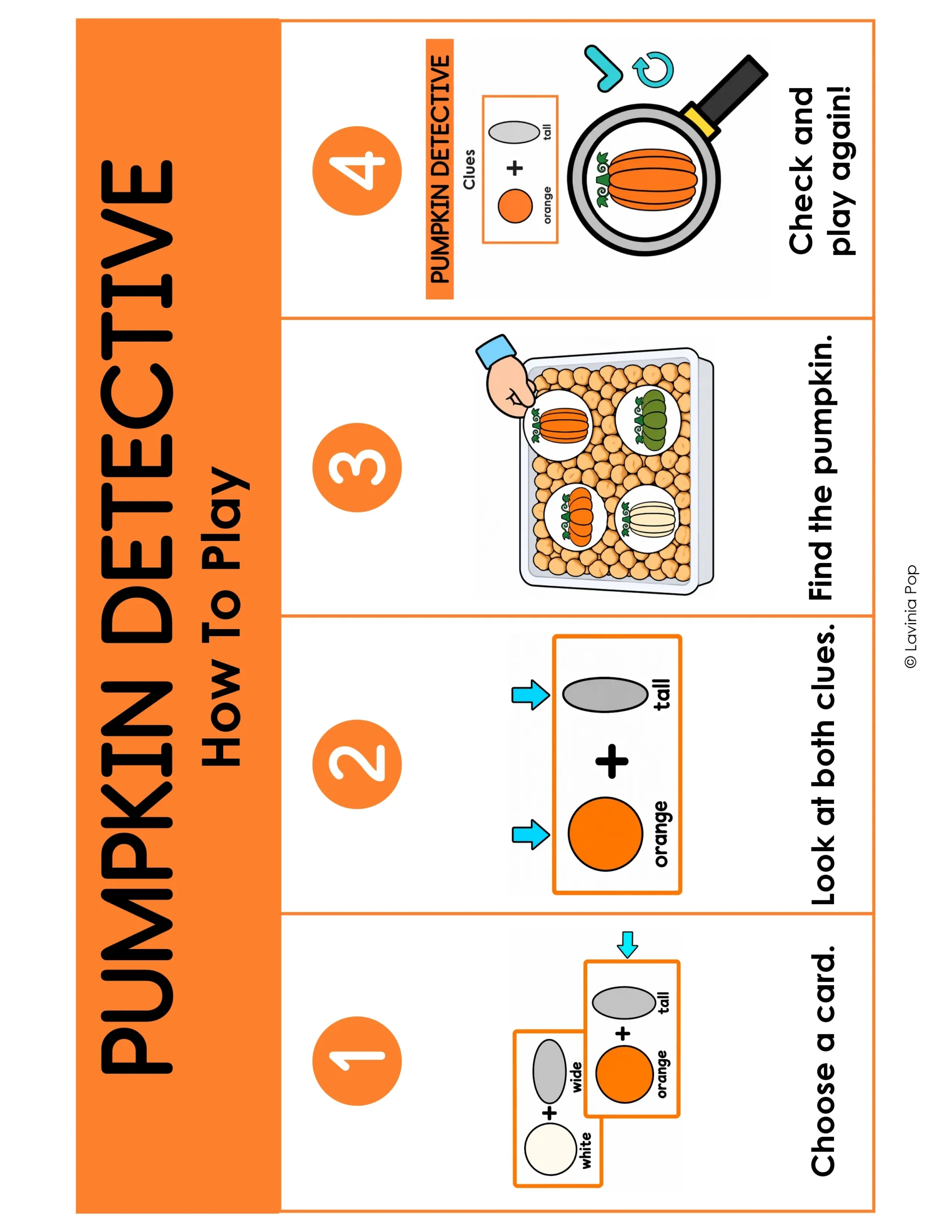 Pumpkin shapes and colors activities with illustrated steps for choosing clues, finding a pumpkin, and checking the match.