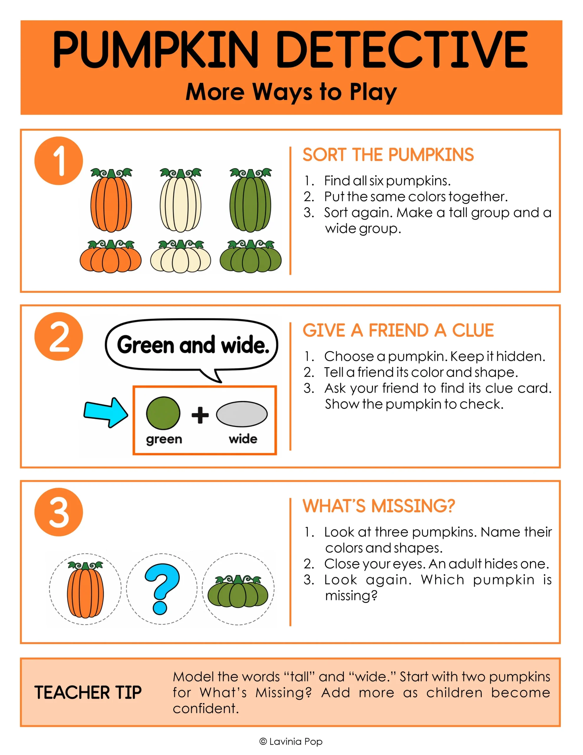 Pumpkin shapes and colors activities with pumpkin sorting, partner clues, and a missing-picture memory game.