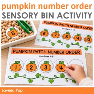 Pumpkin number order activity with a child placing pumpkin 4 on a 1–5 mat beside a completed 6–10 mat and chickpea sensory bin.
