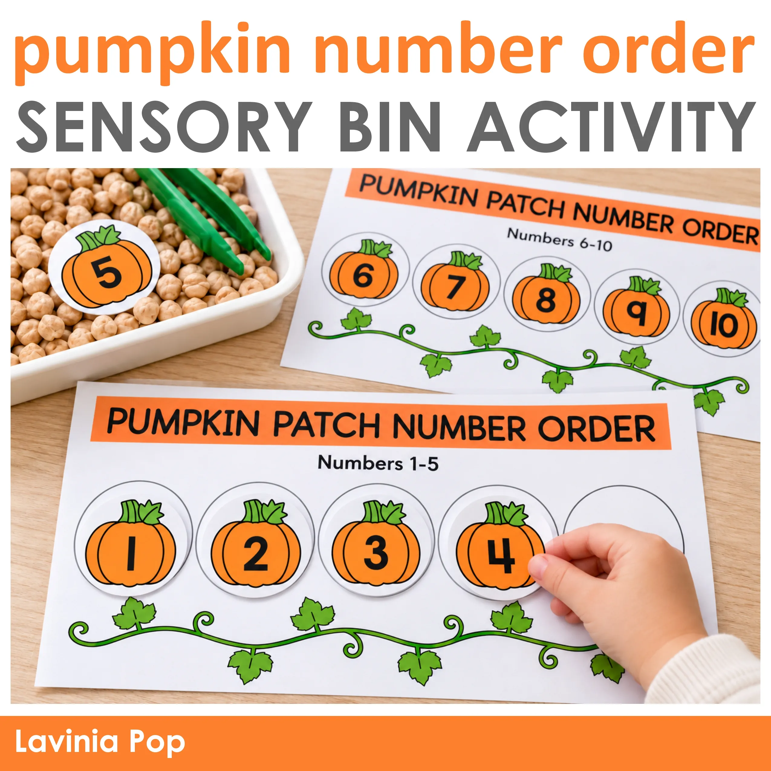 Pumpkin number order activity with a child placing pumpkin 4 on a 1–5 mat beside a completed 6–10 mat and chickpea sensory bin.