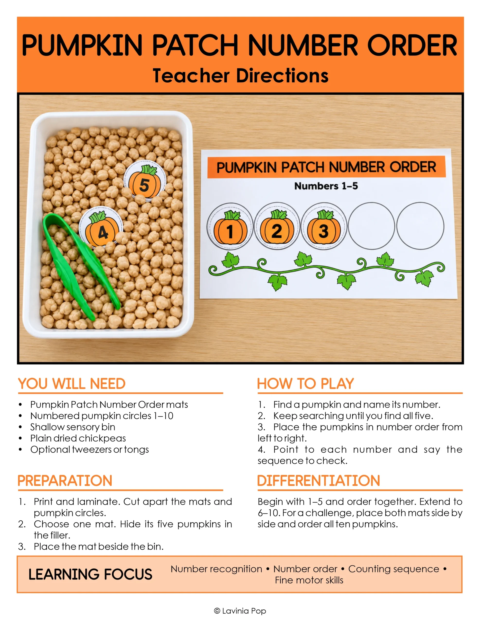Pumpkin number order activity teacher directions with a chickpea sensory bin, green tweezers, and a 1–5 mat for number recognition and sequencing.