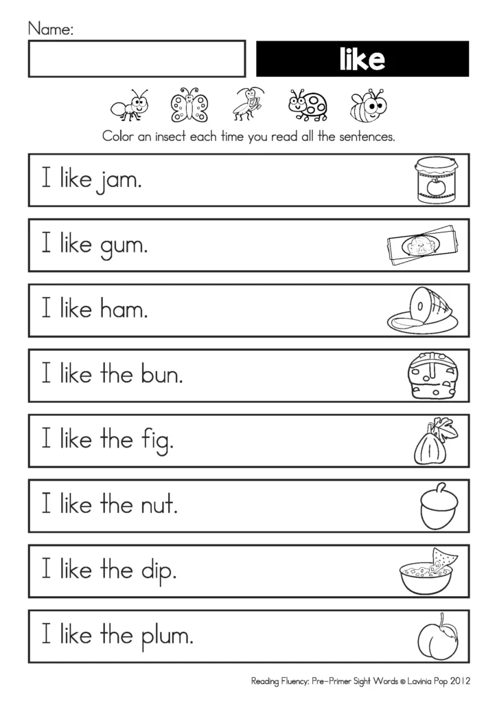 Pre-primer sight word reading fluency sample worksheet featuring eight “I like” sentences about foods, matching pictures, and insects to color after each complete reading.