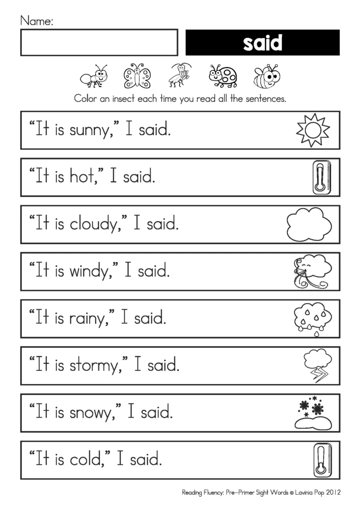 Pre-primer sight word reading fluency sample worksheet practicing “said” through eight weather sentences, with matching weather illustrations and an insect rereading tracker.