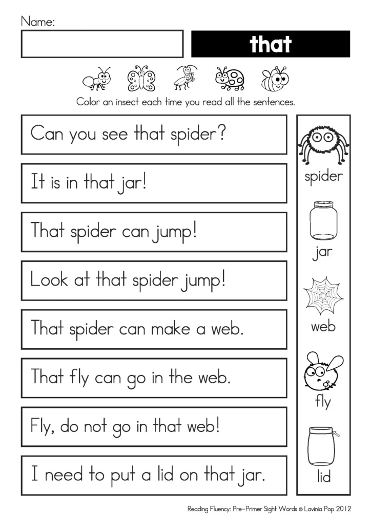 Pre-primer sight word reading fluency sample worksheet practicing “that,” with eight sentences about a spider, a picture-and-word bank, and an insect rereading tracker.