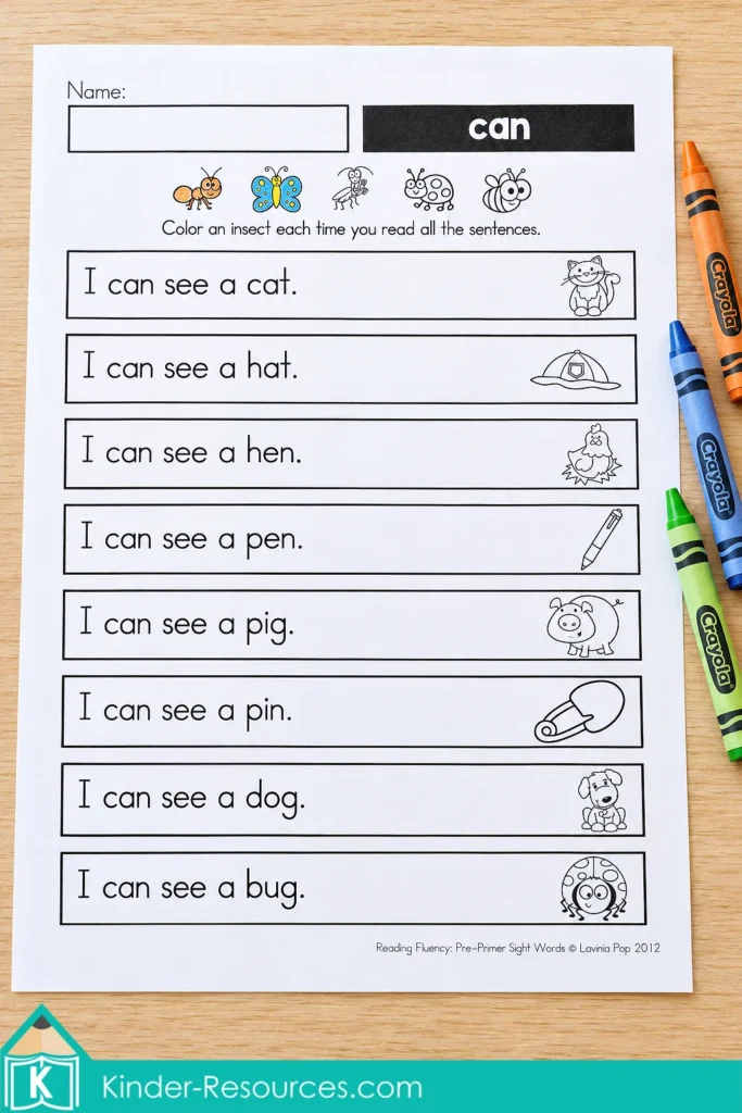 Pre-primer sight word reading fluency worksheet with eight illustrated “I can see” sentences and two colored insects marking completed readings.