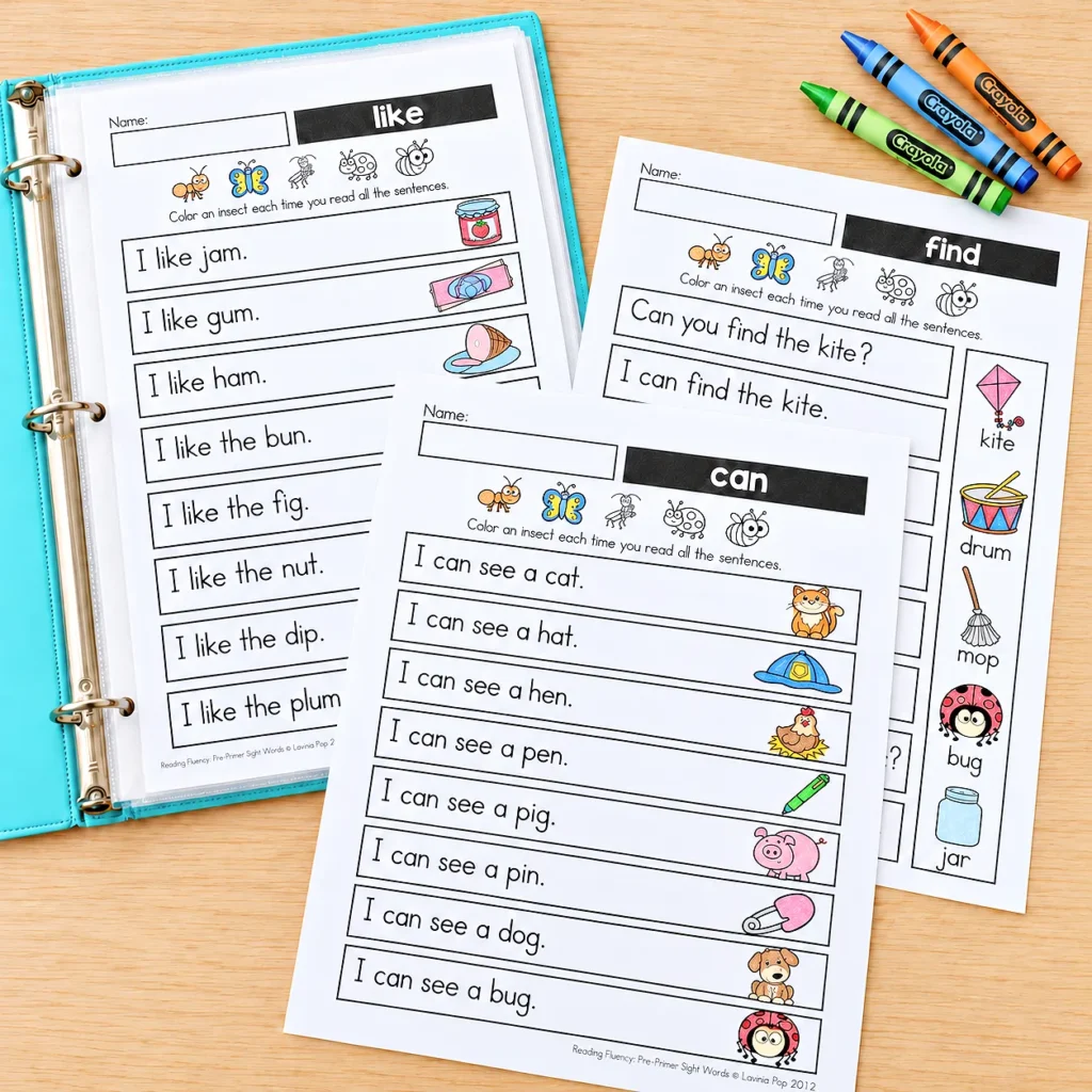 Pre-primer sight word reading fluency pages for “can,” “like,” and “find,” with colored pictures, insect rereading trackers, and an open turquoise binder.