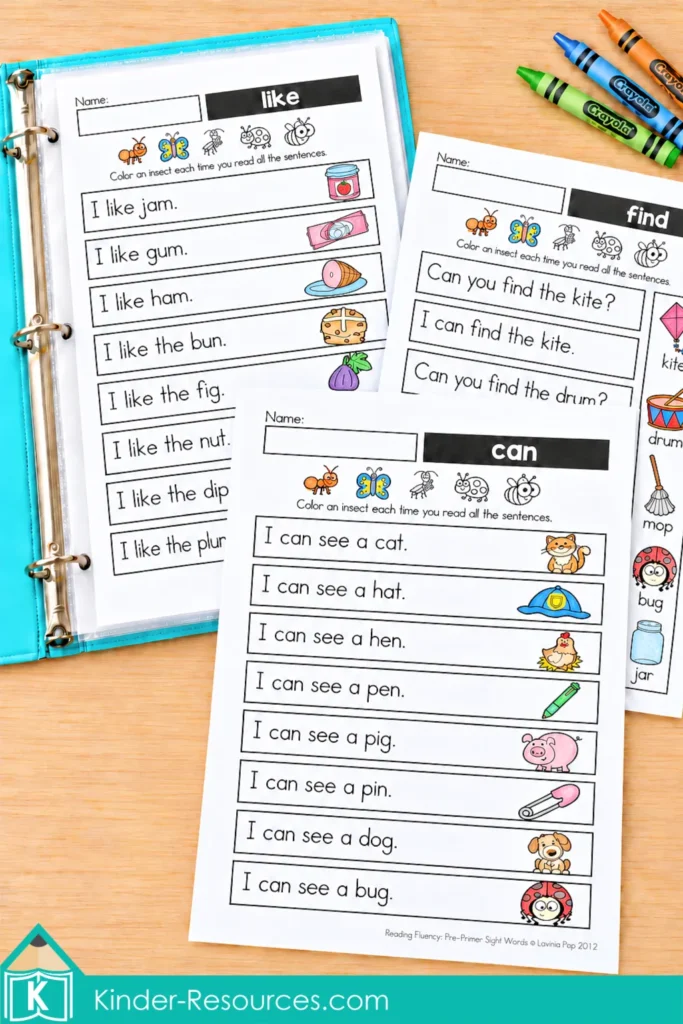 Pre-primer sight word reading fluency worksheets with a “can” page in front of “like” and “find” pages, featuring colored illustrations and a turquoise binder.