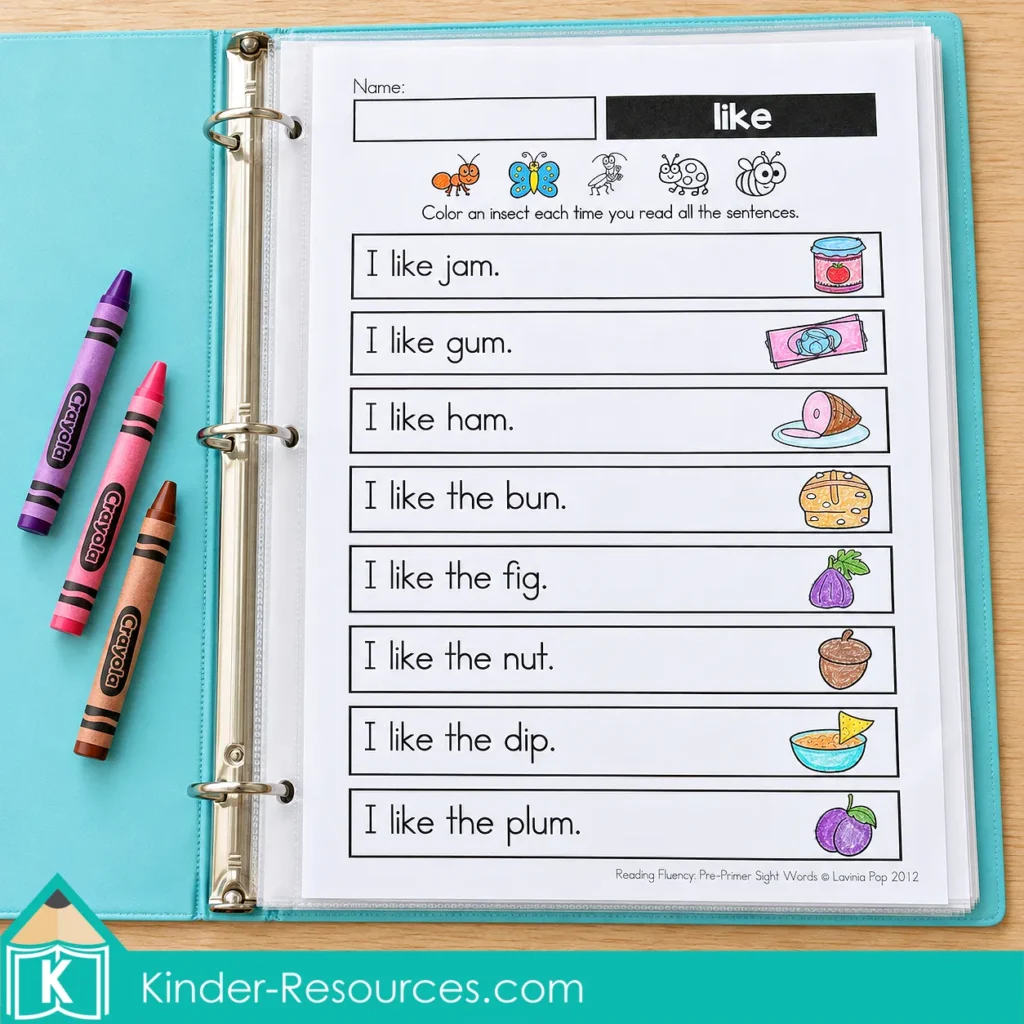 Pre-primer sight word reading fluency pages stored in a turquoise binder, showing an “I like” worksheet with colored food illustrations and insect trackers.