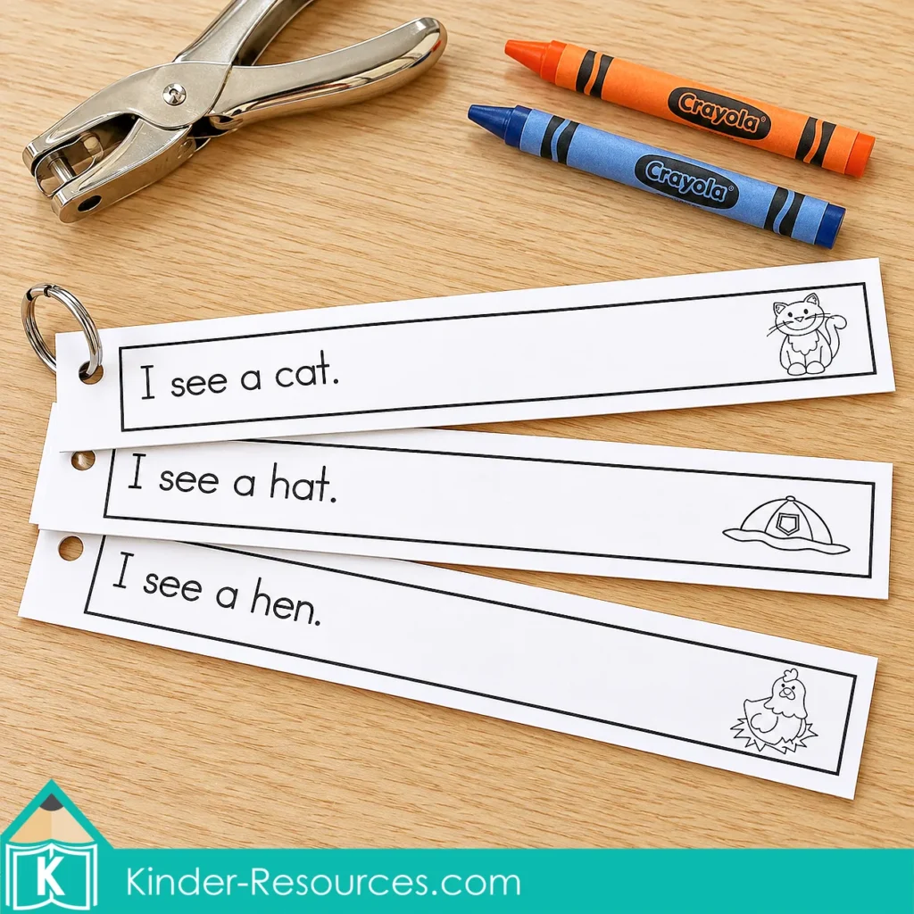 Pre-primer sight word reading fluency sentence strips with cat, hat, and hen pictures, hole-punched for a binder ring booklet.