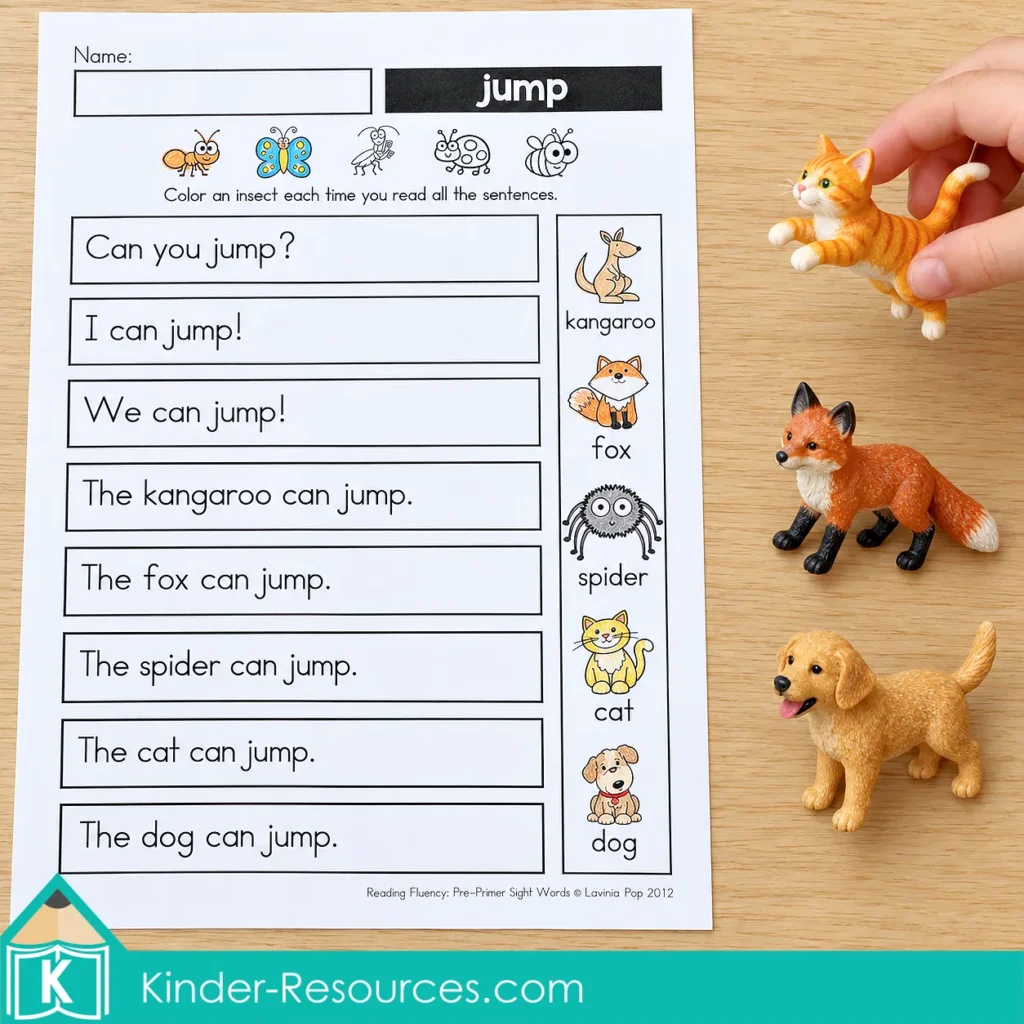 Pre-primer sight word reading fluency “jump” worksheet beside animal toys, with a hand lifting a toy cat to act out a sentence.