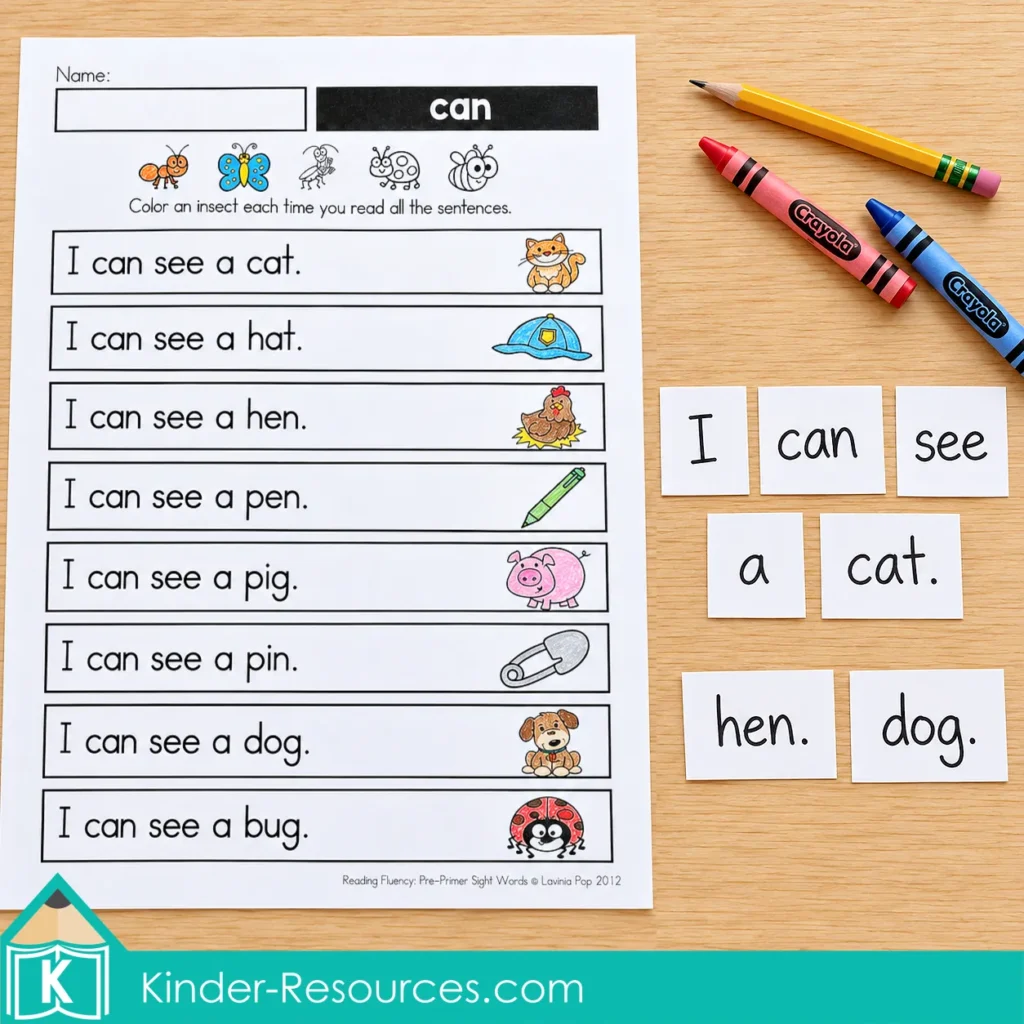 Pre-primer sight word reading fluency worksheet beside homemade word cards forming “I can see a cat,” with hen and dog cards for substitutions.