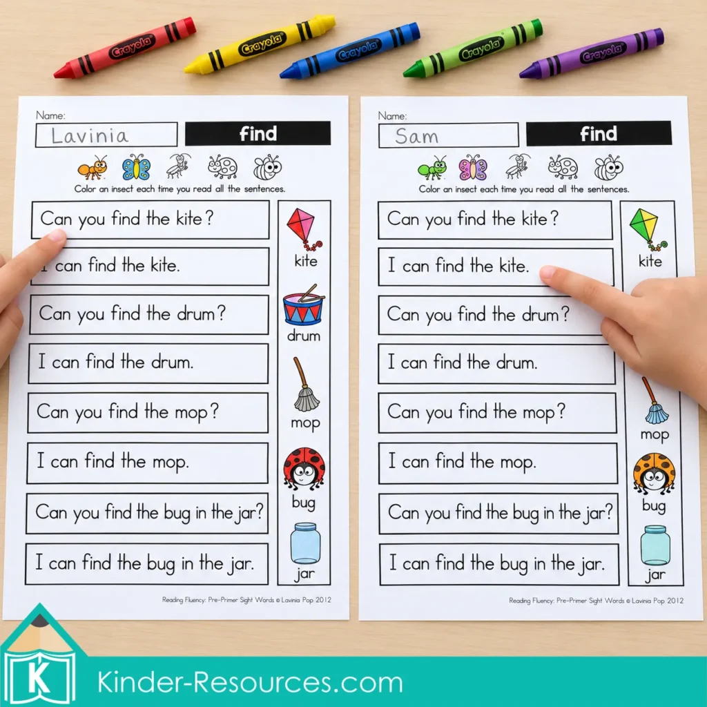 Pre-primer sight word reading fluency worksheets named Lavinia and Sam, with differently colored pictures and fingers pointing to matching questions and answers.