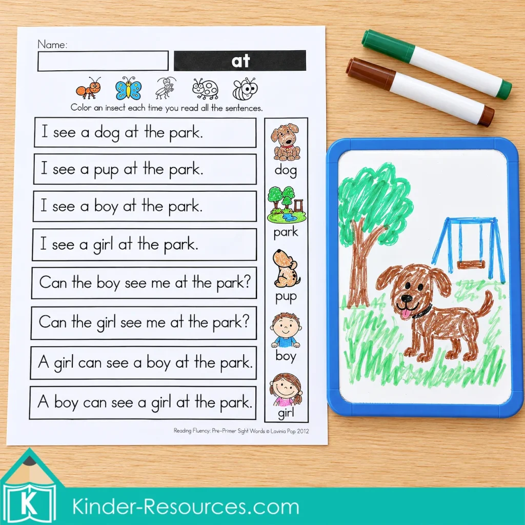 Pre-primer sight word reading fluency “at” worksheet beside a whiteboard drawing of a dog at the park, matching a sentence on the page.