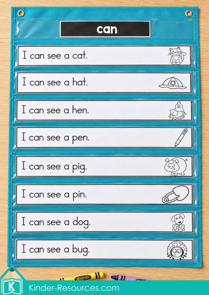 Pre-primer sight word reading fluency strips arranged in a turquoise pocket chart, with eight illustrated sentences beneath the focus word “can.”