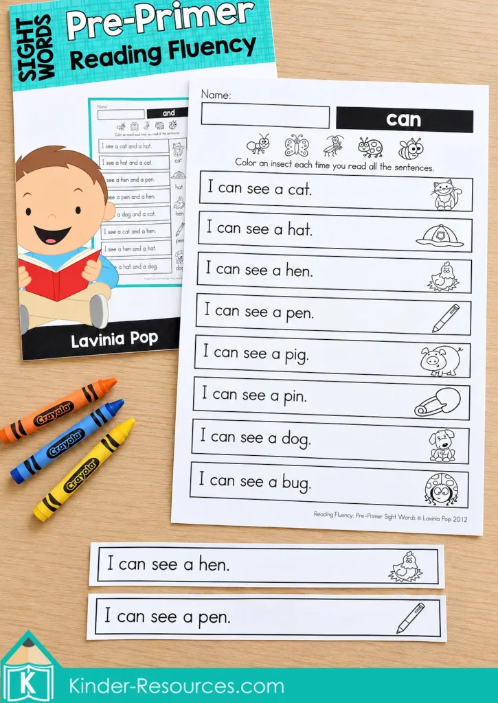 Pre-primer sight word reading fluency worksheet featuring “I can see” sentences, matching illustrations, and two cut sentence strips beside the packet cover.