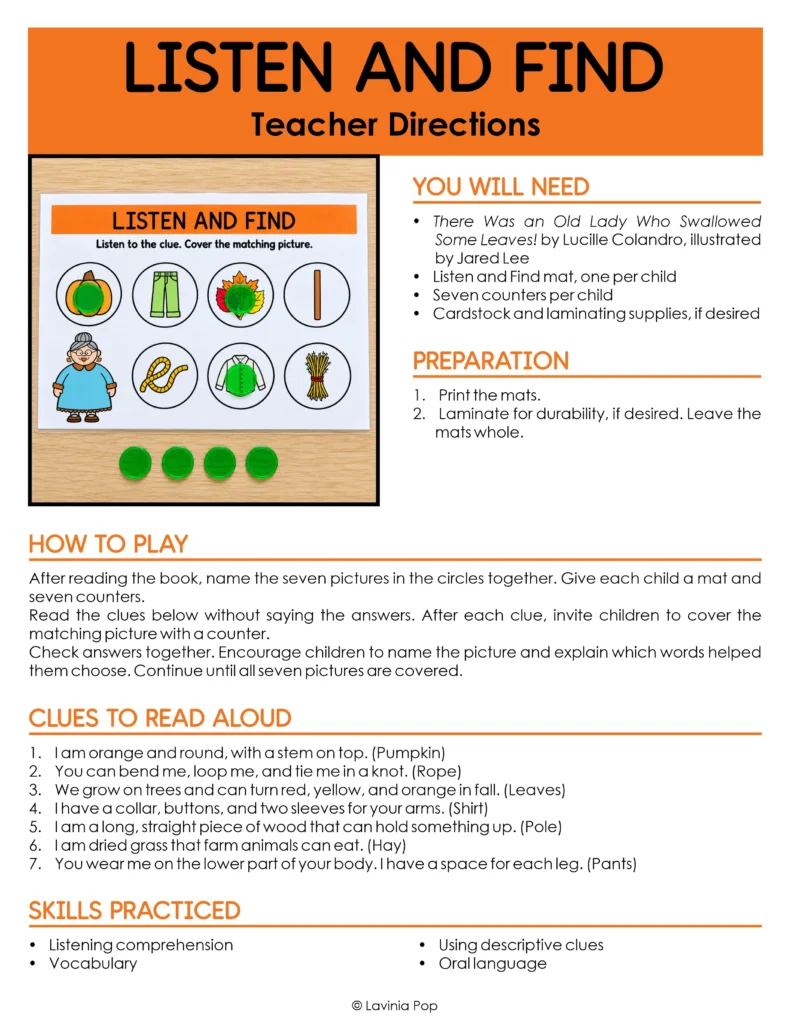 Teacher directions for the Leaves listening activity, including supplies, preparation, seven read-aloud clues, and a completed example.