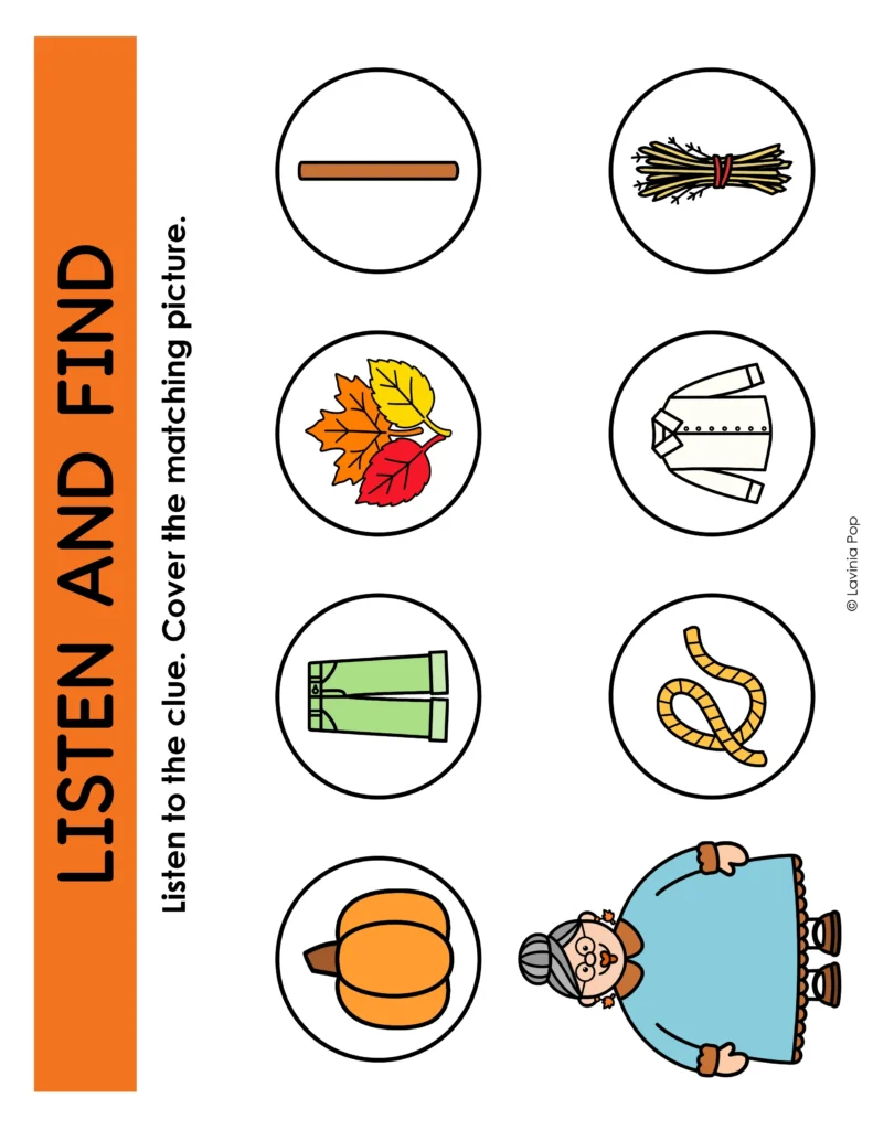Listen and Find mat with pumpkin, pants, leaves, pole, rope, shirt, and hay pictures for children to cover after hearing clues.