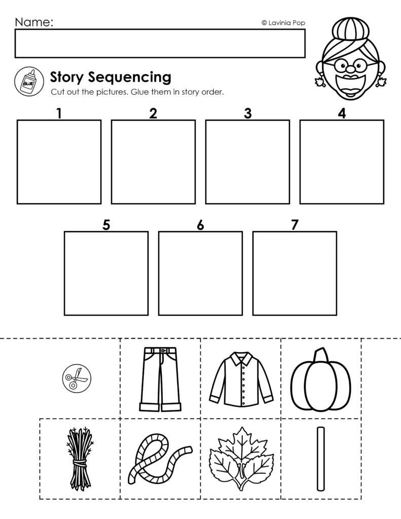 Black-and-white story sequencing worksheet with seven numbered boxes and story pictures to cut out and glue in order.