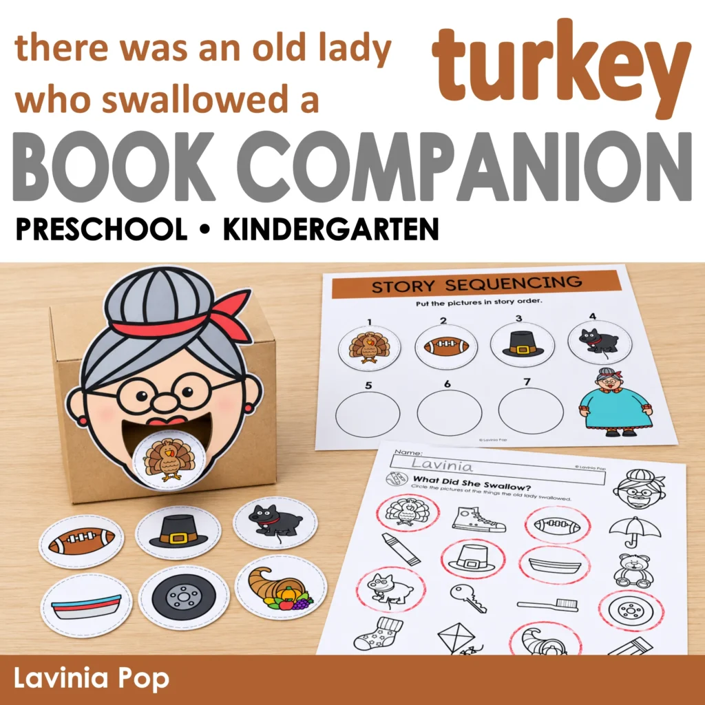 There Was an Old Lady Who Swallowed a Turkey activities cover showing a feeding box, story sequencing mat, and picture identification worksheet.