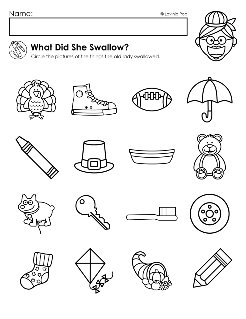 There Was an Old Lady Who Swallowed a Turkey activities worksheet with 16 black and white pictures for children to circle the items swallowed in the story.